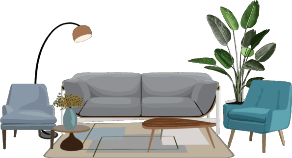 Sala con sofá, butacas, mesa de centro y lámpara